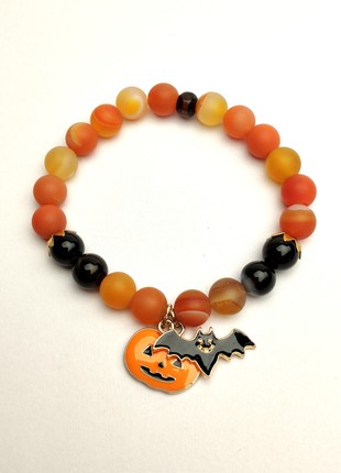 Bracelet with natural minerals and pendant "Bat & Pumpkin"3 photo