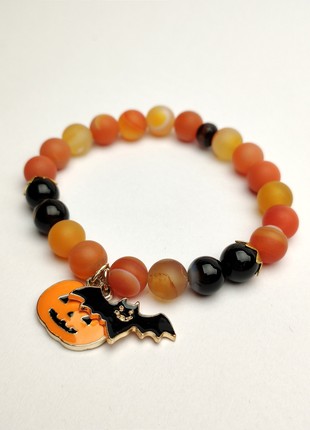 Bracelet with natural minerals and pendant "Bat & Pumpkin"4 photo