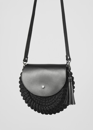 Black Crochet Round Bag with Leather Flap