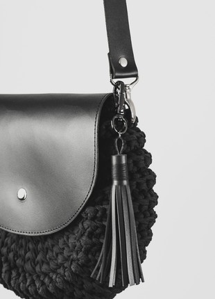 Black Crochet Round Bag with Leather Flap2 photo