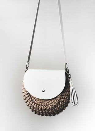Brown Crochet Round Bag with White Leather Flap
