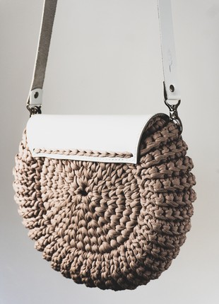 Brown Crochet Round Bag with White Leather Flap3 photo