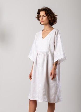 White easy linen dress with floral embroidery Virgin4 photo