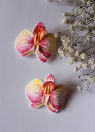 Pink orchid earrings, Large yellow earrings. Tropical earrings. Pink orchid jewelry, Polymer clay jewelry