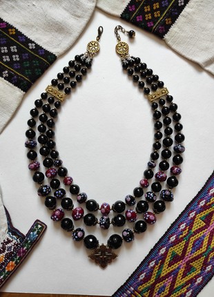 Necklace - zgarda  "Black cherries"  from glass and agate1 photo
