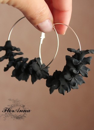 Black flower earrings, Floral hoops earrings, Large black flower earrings,  Polymer clay jewelry