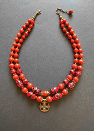 Necklace "Red pysanky" from glass and sponge coral1 photo