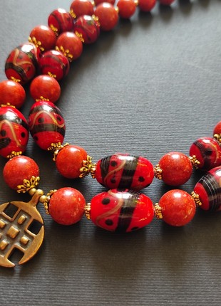 Necklace "Red pysanky" from glass and sponge coral2 photo