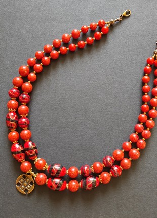 Necklace "Red pysanky" from glass and sponge coral3 photo