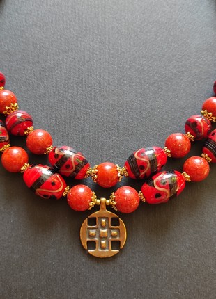 Necklace "Red pysanky" from glass and sponge coral4 photo