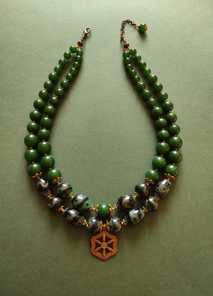 Necklace "Green pysanky" from glass and chalcedony