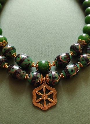 Necklace "Green pysanky" from glass and chalcedony4 photo