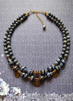 Necklace "Blue pysanky" from glass and blue sponge coral1 photo