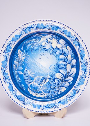 Petrykivka decorative wooden plate with a bird at dawn, hand painted