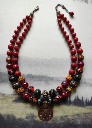 Necklace "Pysanky from Kosmach" from glass and coral