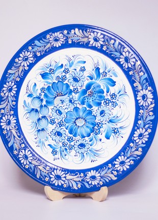 Petrykivka decorative wooden plate with a bouquet of blue flowers, hand-painted gift