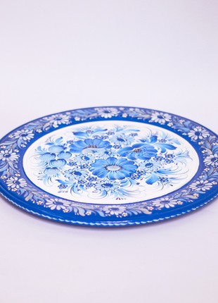Petrykivka decorative wooden plate with a bouquet of blue flowers, hand-painted gift2 photo