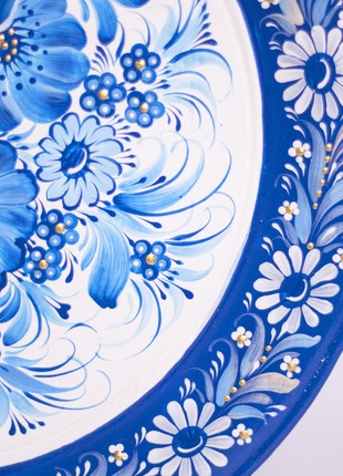 Petrykivka decorative wooden plate with a bouquet of blue flowers, hand-painted gift4 photo