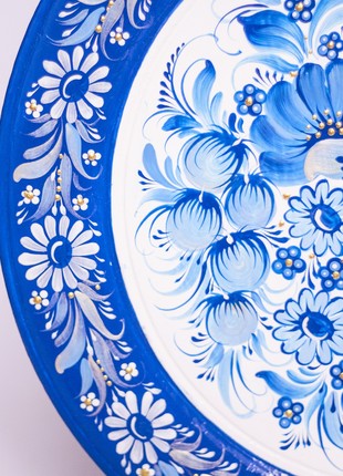 Petrykivka decorative wooden plate with a bouquet of blue flowers, hand-painted gift5 photo