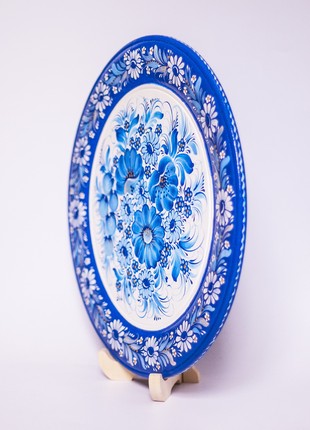 Petrykivka decorative wooden plate with a bouquet of blue flowers, hand-painted gift6 photo
