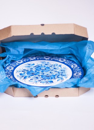 Petrykivka decorative wooden plate with a bouquet of blue flowers, hand-painted gift9 photo
