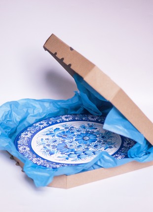 Petrykivka decorative wooden plate with a bouquet of blue flowers, hand-painted gift10 photo