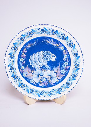 Petrykivka decorative wooden plate with a lamb in flowers, hand painted gift