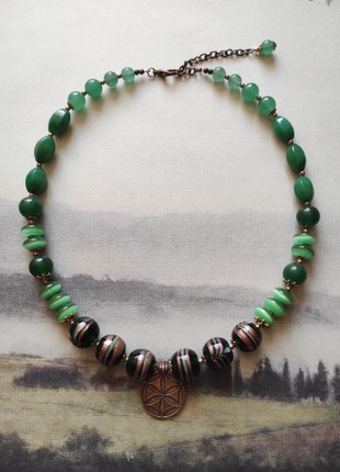 Necklace "Rustle of leaves" from glass, chrysoprase and cat's eye beads