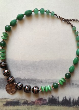 Necklace "Rustle of leaves" from glass, chrysoprase and cat's eye beads3 photo