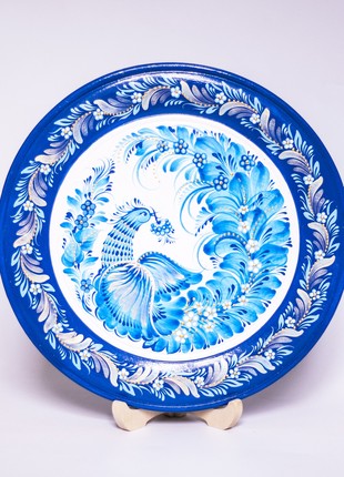 Petrykivka decorative wooden plate with a blue bird, hand painted