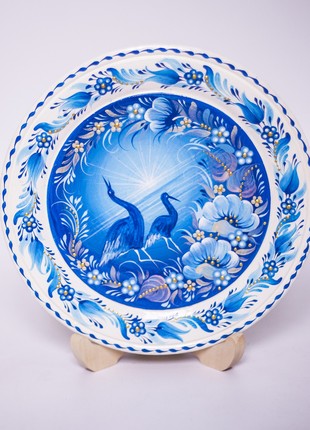 Petrykivka decorative white plate with birds at dawn, hand-painted gift