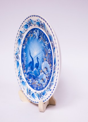 Petrykivka decorative white plate with birds at dawn, hand-painted gift2 photo