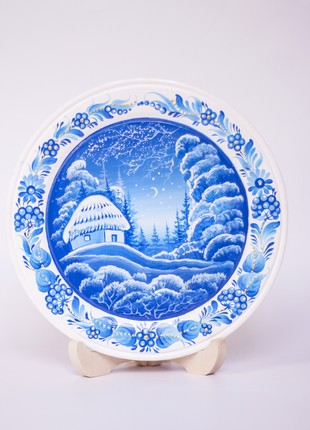 Petrykivka Winter countryside decorative plate, hand-painted