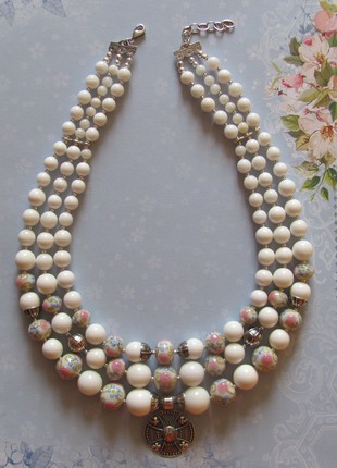 Necklace «Snow White» from glass beads, mother-of-pearl beads and silver