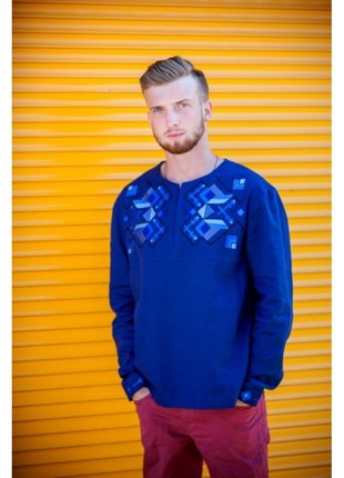 Men's linen blue shirt with geometric embroidery