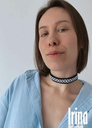 Minimalist folk style beaded necklace Ribbon gerdan necklace Black bead choker Ukraine style6 photo