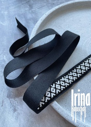 Minimalist folk style beaded necklace Ribbon gerdan necklace Black bead choker Ukraine style7 photo