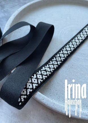 Minimalist folk style beaded necklace Ribbon gerdan necklace Black bead choker Ukraine style8 photo