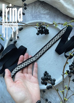 Minimalist folk style beaded necklace Ribbon gerdan necklace Black bead choker Ukraine style2 photo
