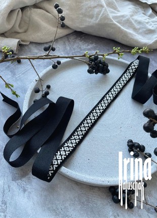 Minimalist folk style beaded necklace Ribbon gerdan necklace Black bead choker Ukraine style3 photo