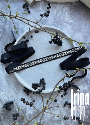 Minimalist folk style beaded necklace Ribbon gerdan necklace Black bead choker Ukraine style10 photo