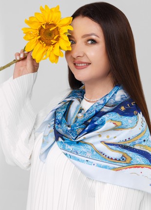 Scarf "Peaceful Sky?" Size 70*70 cm blue silk shawl from Ukraine