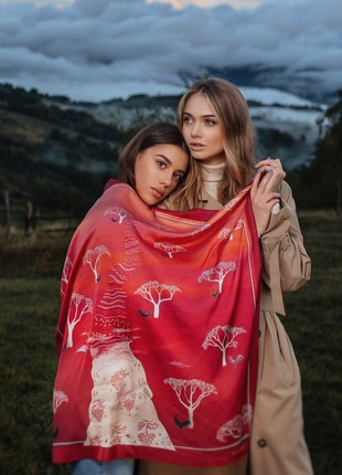 Scarf "The Way Home" Size 70*70 cm red silk shawl from Ukraine