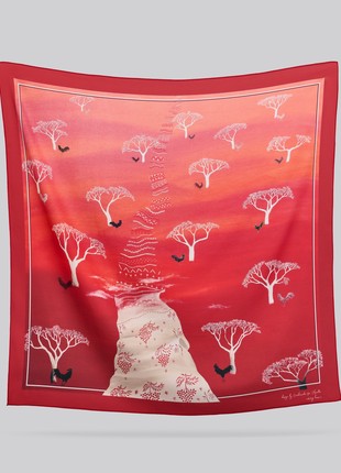 Scarf "The Way Home" Size 85*85 cm red silk shawl from Ukraine