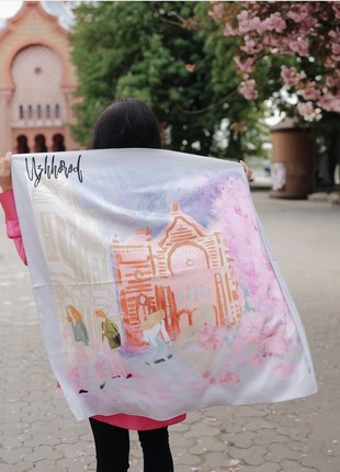Scarf "Uzhhorod" Size 70*70 cm floral silk shawl from Ukraine Sakura trees