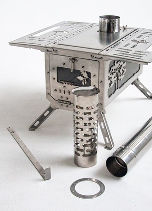 Stove with side glass! Stove for a tent, tourist. Mini portable stove for camping.