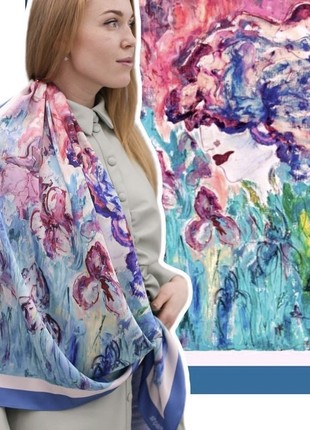 Scarf "Girl with Irises" Size 70*70 cm silk shawl from Ukraine