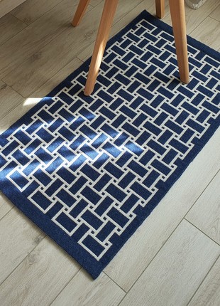 Woven wool rug Blue, Double-sided pattern, Handmade of Ukraine