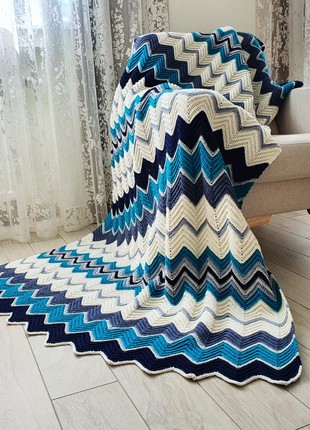 Crochet wool blanket Chevron Turquoise Striped throw
