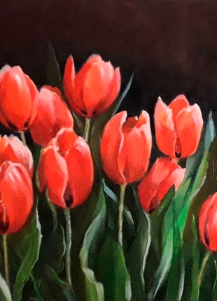 Tulips on a dark background. Oil painting. Canvas on fiberboard